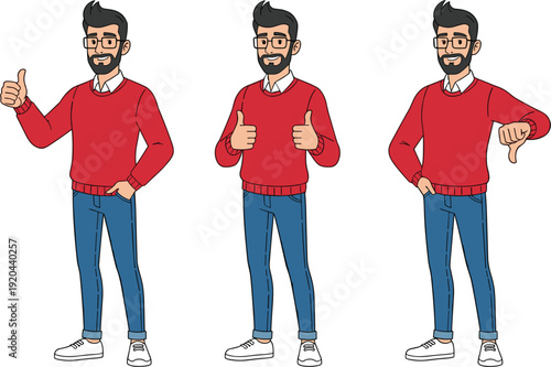 Modern casual man character vector set with beard and glasses wearing red sweater and jeans featuring thumbs up and thumbs down gestures for feedback and review designs.