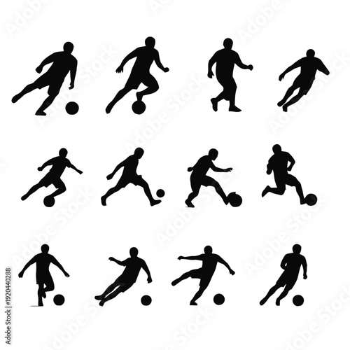 Collection of black silhouettes of soccer players in various poses kicking ball