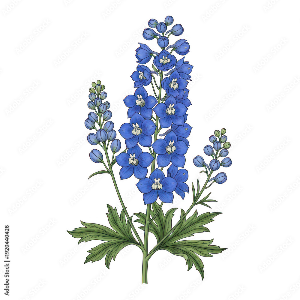 Fototapeta premium A blue delphinium flower with green leaves on a white background