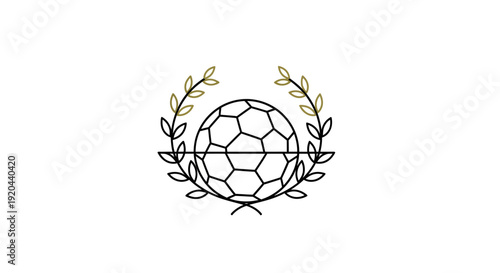 Line art soccer ball enclosed by laurel wreath on isolated white background