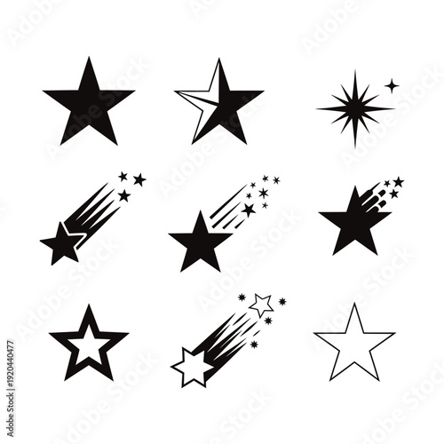 Collection of various star shapes and shooting stars in black and white