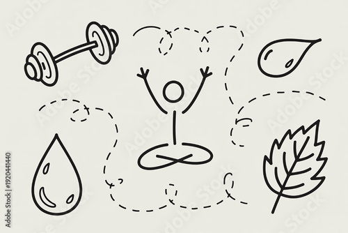 Doodle icons representing health and wellness including yoga fitness and nature elements perfect for lifestyle concepts and healthy living