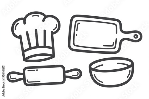 Hand-drawn baking icons including chef hat rolling pin cutting board and bowl simple doodle illustration for culinary concepts and recipes