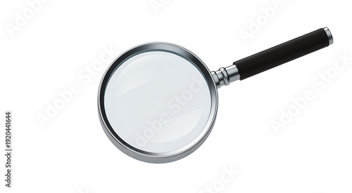 Magnifying glass with black handle silver frame glass lens isolated on a transparent background