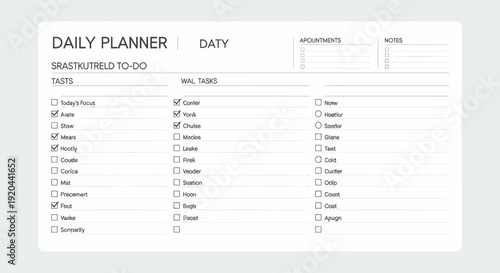 Minimalist daily planner template with tasks, appointments, and notes sections on an isolated white background.