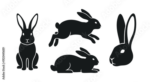 Four black rabbit silhouettes in various poses including sitting, jumping, and lying down, isolated on a white background.