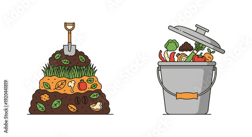 Illustration depicts composting layers with vegetables and a trash can showcasing recycling practices silhouette high quality professional detailed modern elegant stylish