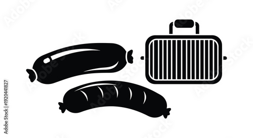 A black and white graphic depicts a sausage and grill showcasing a bold minimalist silhouette high quality professional detailed modern elegant