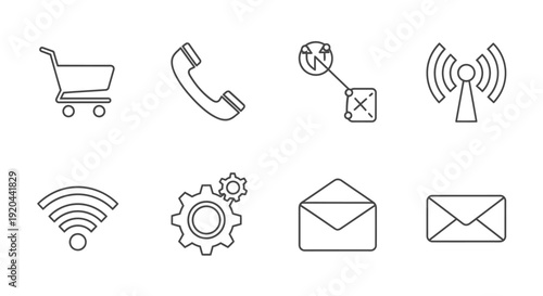 Collection of Black Outline Icons for E-commerce, Communication, and Technology on Isolated White Background