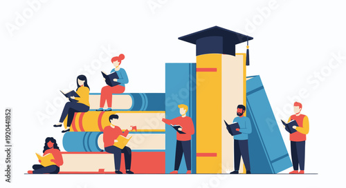 Group of Diverse Students Studying and Reading Books Around a Large Stack of Books and Graduation Cap, Bright Studio Background