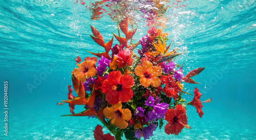 underwater tropical flower bouquet in clear blue water