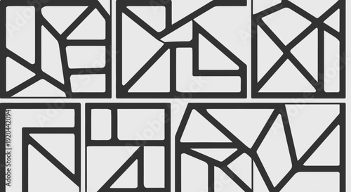 Abstract black and white geometric pattern featuring a 3d glass cube structure and square vector shapes for a modern web design art concept