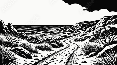 coastal sandy dirt road path landscape nature outdoor travel countryside trail horizon rural environment scenic sea journey vector illustration