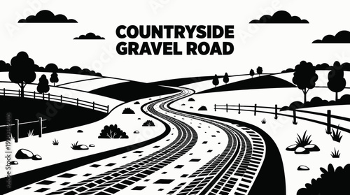 countryside gravel dirt road path landscape nature outdoor travel rural trail horizon farm environment scenic journey black and white vector illustration