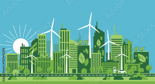 Vibrant green city skyline with wind turbines, solar panels, and eco-friendly buildings under a bright sun, symbolizing sustainable urban development and renewable energy.