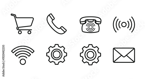 A collection of eight black outline icons including a shopping cart, phone, wireless signals, gears, and an envelope, representing common digital interface elements.