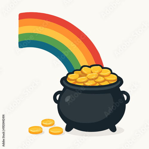 Pot of gold overflowing with shiny gold coins at the end of a rainbow arc