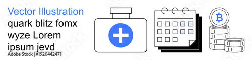 Healthcare, blockchain, scheduling, innovations, finance, digital planning. Medical kit with a cross, calendar and Bitcoin coin stacks. Healthcare and blockchain concepts in a digital economy