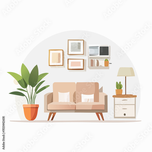 Cozy Living Room Scene With Sofa, Plants, And Decor