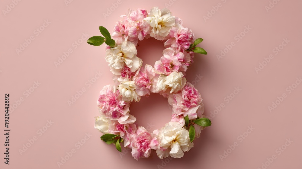 Obraz premium Spring flowers form number 8 shape on a pastel background for modern holiday and celebration themes