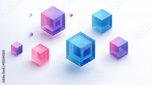 Isometric abstract composition with geometric cubes, gradients, and spheres on a white surface