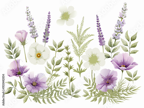 Watercolor illustration of delicate wildflowers and lush green foliage