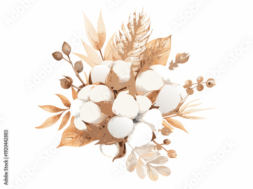 Watercolor arrangement of cotton bolls dried grasses and floral stems
