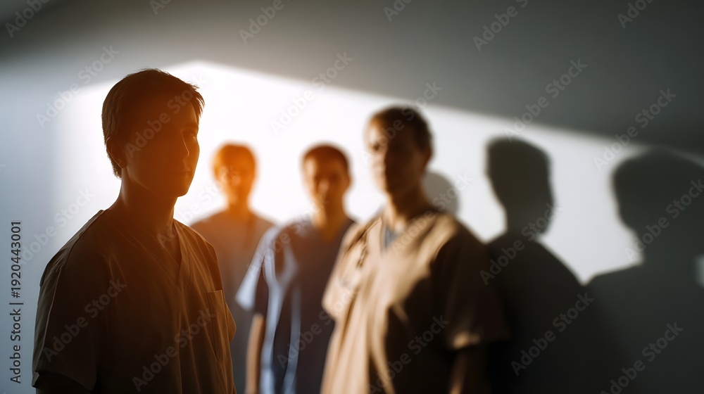Fototapeta premium A group of medical professionals walks down a dimly lit corridor illuminated by dramatic side lighting and casting long shadows