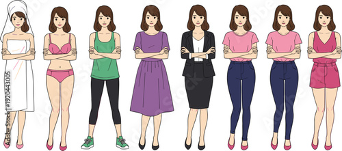 Woman character vector set featuring diverse outfits including bath towel, lingerie, gym wear, casual pink shirt, and professional business suit for lifestyle and fashion designs.