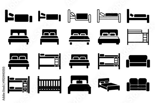 Bed Solid Icon Set Simple Shapes Vector Furniture Bedroom Sleep Rest Symbols
