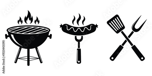 Barbecue Grill Icons Set with Sausage on Fork and Cooking Utensils