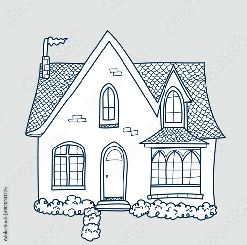 Hand-drawn vector illustration of a cozy cottage house with arched windows and a smoking chimney. Whimsical line art doodle of a quaint home isolated on a grey background for coloring or design.