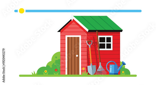 A vibrant red garden shed with tools flowers and a bright sun presented as a silhouette high quality professional detailed modern