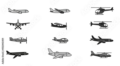 Set of Diverse Aircraft Icons: Airplanes and Helicopters