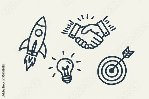 Set of business concept icons including a rocket ship handshake lightbulb and target representing startup partnership ideas and goals isolated on a light background