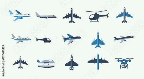Pixel art aviation set, airplanes and helicopters