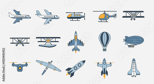 Diverse Aircraft Collection: Airplanes, Helicopters, Drones, Rocket, Blimp, Hot Air Balloon