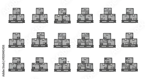 Pixel Art Boxes Stacked on Pallets, Warehouse Storage, Logistics, Shipping, Delivery Icons