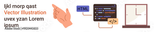 Technology, communication, programming, user interface, minimalism, gestures. A hand gesture, coding icons with HTML and a minimalist window. Technology and communication concept