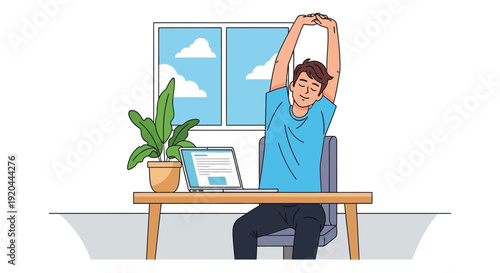 A young man stretches near a window and desk with a laptop demonstrating wellness practices silhouette high quality professional detailed