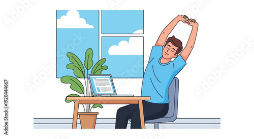 A man stretches while working from home near a window with plants depicted in a flat silhouette high quality professional detailed