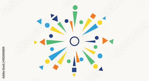Dynamic abstract illustration of radiating colorful geometric forms, representing unity, diversity, and collective energy, ideal for modern design concepts.