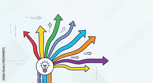 Creative lightbulb generating multiple colorful arrows representing diverse ideas, solutions, and strategic paths for innovation and decision-making.