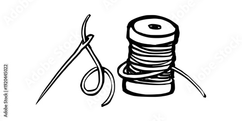 Needle and Thread Spool Doodle Illustration. Hand Drawn Minimalist Line Art for Sewing Tailor and Handmade Craft Graphic Design.