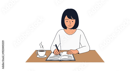 A young woman sits at a desk writing in an open notebook with a cup of coffee nearby silhouette high quality