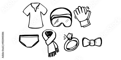 Random Fashion Accessories Doodle Collection Line Art. Hand Drawn Minimalist Set of Clothes and Daily Objects for Graphic Design.