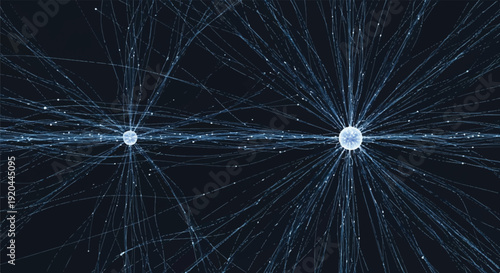 Abstract visualization of particle collisions in a scientific experiment, showing radiating energy streams and bright glowing nuclei.