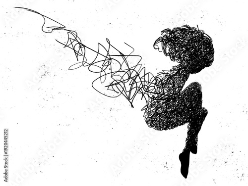 Woman with wings. Abstract human silhouette. Chaotic scribble linear outline