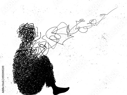 Depressed person. Abstract human silhouette. Chaotic scribble linear outline
