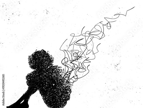 Man with wings. Abstract human silhouette. Chaotic scribble linear outline